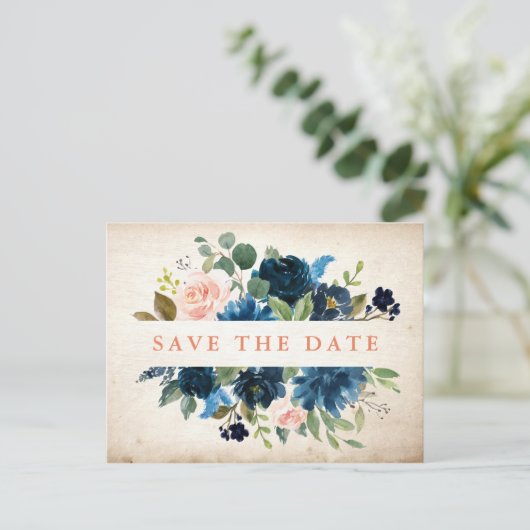 Navy Blue Blush Roos Rustic Boho Save the Date Aankondigingskaart (Staand voorkant)