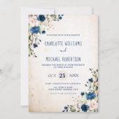 Navy Blue Blush Roos Rustic Country Floral Wedding Kaart (Voorkant)