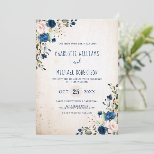 Navy Blue Blush Roos Rustic Country Floral Wedding Kaart (Staand voorkant)