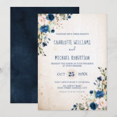 Navy Blue Blush Roos Rustic Country Floral Wedding Kaart (Voorkant / Achterkant)