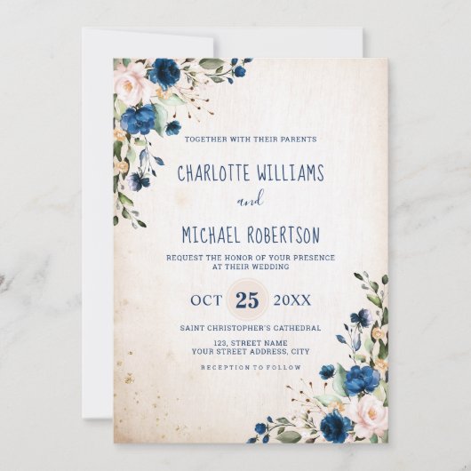 Navy Blue Blush Roos Rustic Country Floral Wedding Kaart (Voorkant)