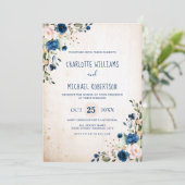Navy Blue Blush Roos Rustic Country Floral Wedding Kaart (Staand voorkant)