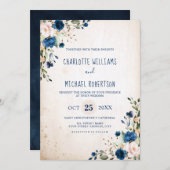 Navy Blue Blush Roos Rustic Country Floral Wedding Kaart (Voorkant / Achterkant)