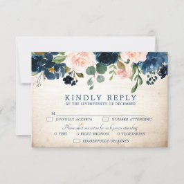 Navy Blue Blush Roos rustiek Land Botanisch RSVP Kaartje