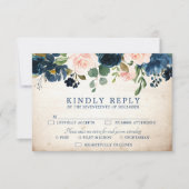 Navy Blue Blush Roos rustiek Land Botanisch RSVP Kaartje (Voorkant)