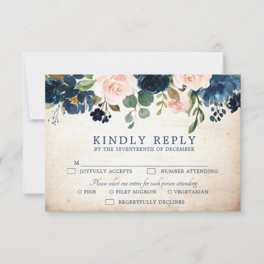 Navy Blue Blush Roos rustiek Land Botanisch RSVP Kaartje (Voorkant)