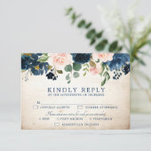Navy Blue Blush Roos rustiek Land Botanisch RSVP Kaartje (Staand voorkant)