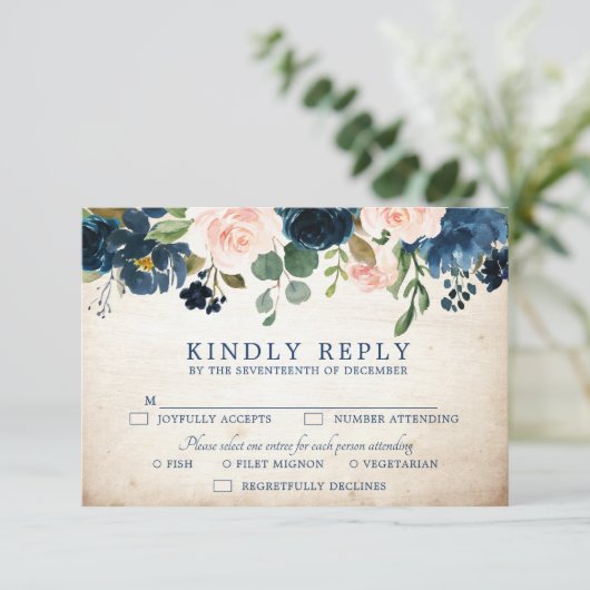 Navy Blue Blush Roos rustiek Land Botanisch RSVP Kaartje (Staand voorkant)