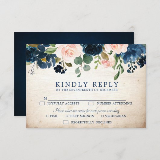 Navy Blue Blush Roos rustiek Land Botanisch RSVP Kaartje (Voorkant / Achterkant)