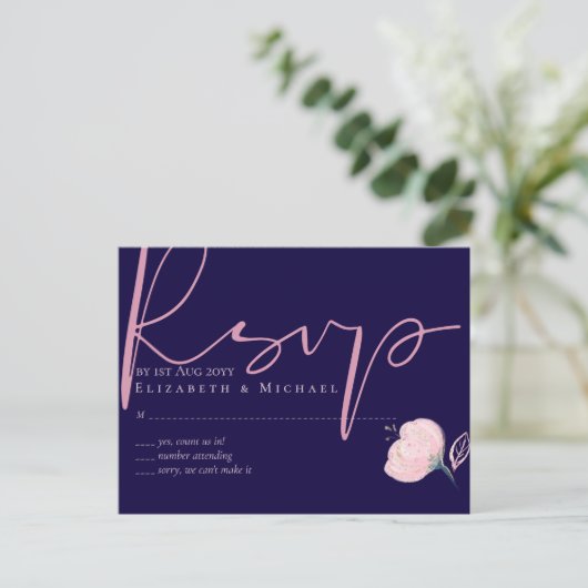 Navy Blue Blush Rosegold Wedding Budget Briefkaart (Staand voorkant)