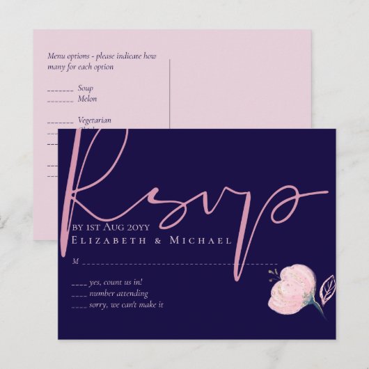 Navy Blue Blush Rosegold Wedding Budget Briefkaart (Voorkant / Achterkant)