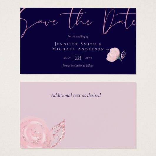 Navy Blue Blush Rosegold Wedding Budget Visitekaartje (Voorkant /achterkant)