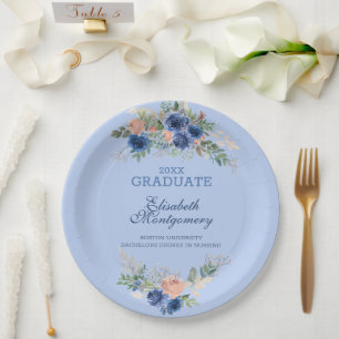 Navy Blue Blush Roses Boho Afstuderen Papieren Bordje