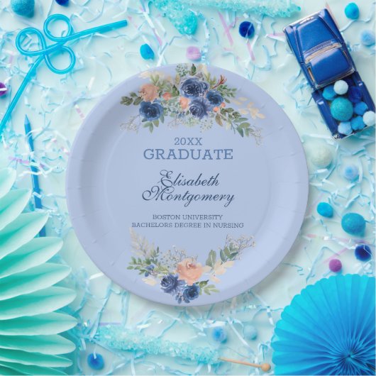 Navy Blue Blush Roses Boho Afstuderen Papieren Bordje (Feest)