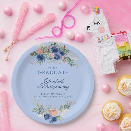 Navy Blue Blush Roses Boho Afstuderen Papieren Bordje (Feest)