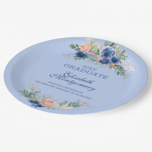 Navy Blue Blush Roses Boho Afstuderen Papieren Bordje (Gekanteld)