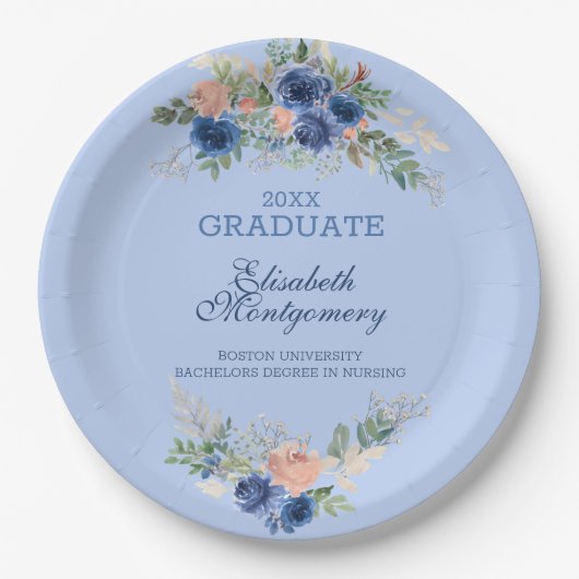Navy Blue Blush Roses Boho Afstuderen Papieren Bordje (Voorkant)