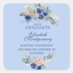 Navy Blue Blush Roses Boho Afstuderen Vierkante Sticker