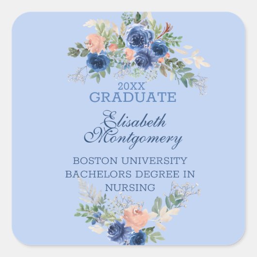 Navy Blue Blush Roses Boho Afstuderen Vierkante Sticker (Voorkant)