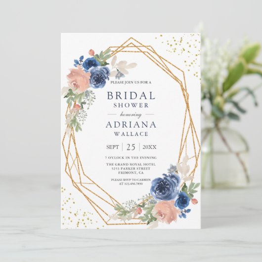 Navy Blue Blush Roses Geometric Vrijgezellenfeest Kaart (Staand voorkant)