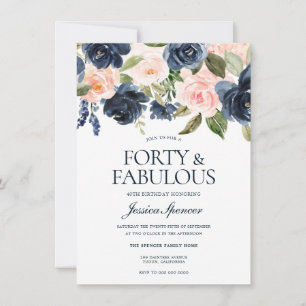 Navy Blue Blush Roze Bloem 40e Verjaardagsfeestje Kaart