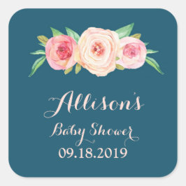 Navy Blue Blush Roze Bloemen Baby shower Label