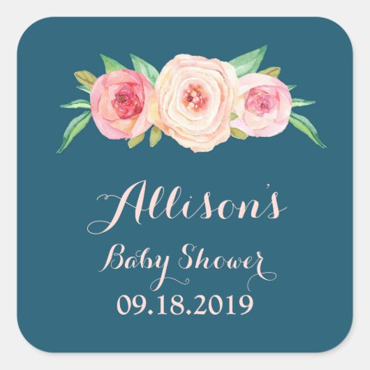 Navy Blue Blush Roze Bloemen Baby shower Label (Voorkant)