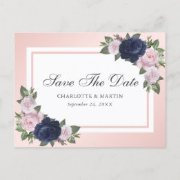 Navy Blue Blush Roze Bloemen Bewaar de datum Aankondigingskaart
