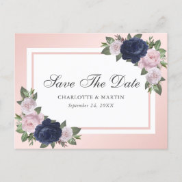 Navy Blue Blush Roze Bloemen Bewaar de datum Aankondigingskaart