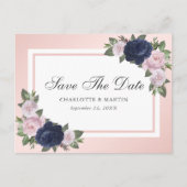 Navy Blue Blush Roze Bloemen Bewaar de datum Aankondigingskaart (Voorkant)