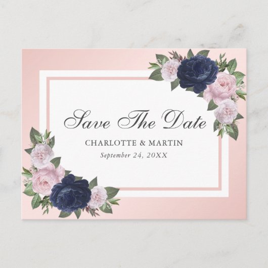 Navy Blue Blush Roze Bloemen Bewaar de datum Aankondigingskaart (Voorkant)