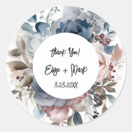 Navy Blue Blush Roze Bloemen Bruiloft Dank u Ronde Sticker
