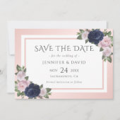 Navy Blue Blush Roze Bloemen Bruiloft Save The Dat Save The Date (Voorkant)