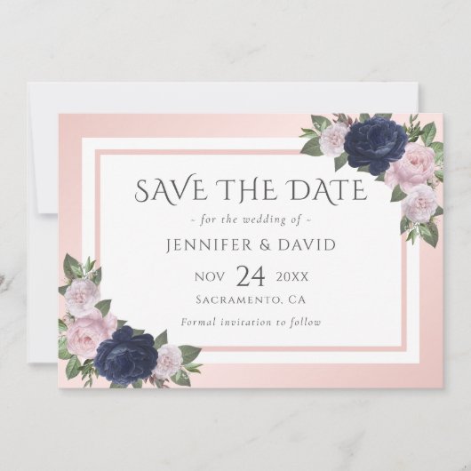 Navy Blue Blush Roze Bloemen Bruiloft Save The Dat Save The Date (Voorkant)