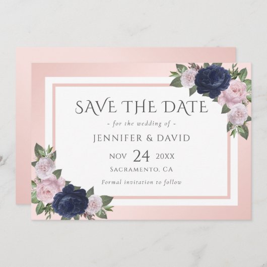 Navy Blue Blush Roze Bloemen Bruiloft Save The Dat Save The Date (Voorkant / Achterkant)