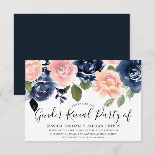 Navy Blue Blush roze bloemen Genderfeest Kaart (Voorkant / Achterkant)