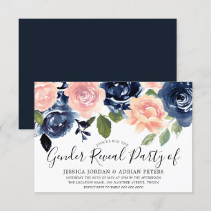 Navy Blue Blush roze bloemen Genderfeest Kaart