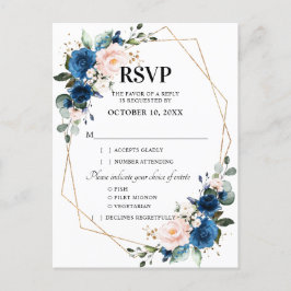 Navy Blue Blush Roze Bloemen Geometrische RSVP Briefkaart
