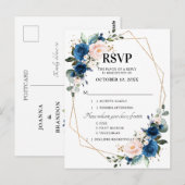 Navy Blue Blush Roze Bloemen Geometrische RSVP Briefkaart (Voorkant / Achterkant)