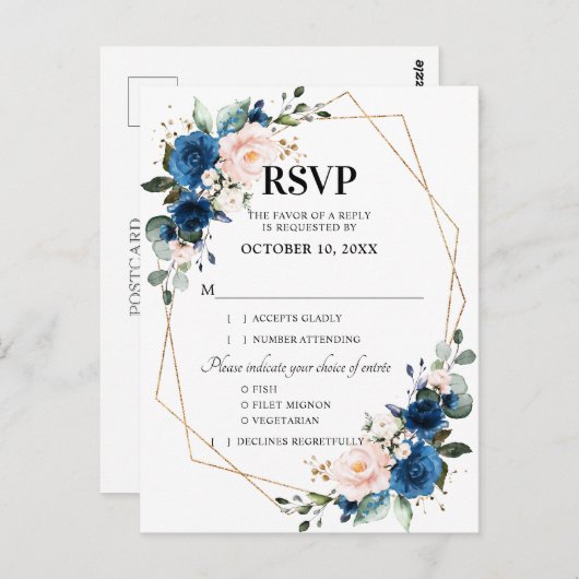 Navy Blue Blush Roze Bloemen Geometrische RSVP Briefkaart (Voorkant / Achterkant)