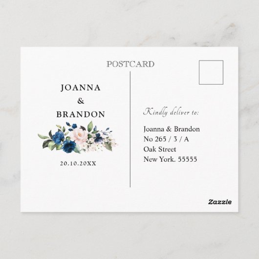 Navy Blue Blush Roze Bloemen Geometrische RSVP Briefkaart (Achterkant)