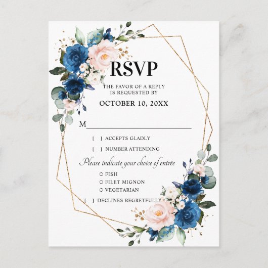 Navy Blue Blush Roze Bloemen Geometrische RSVP Briefkaart (Voorkant)