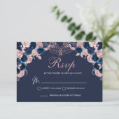 Navy Blue & Blush Roze Bloemen RSVP Behuizing Kaar (Staand voorkant)
