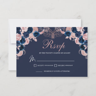 Navy Blue & Blush Roze Bloemen RSVP Behuizing Kaar Kaartje