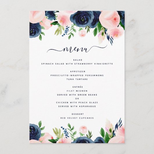 Navy Blue Blush Roze Bloemen Trouwmenu Menu (Voorkant)