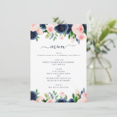 Navy Blue Blush Roze Bloemen Trouwmenu Menu (Staand voorkant)