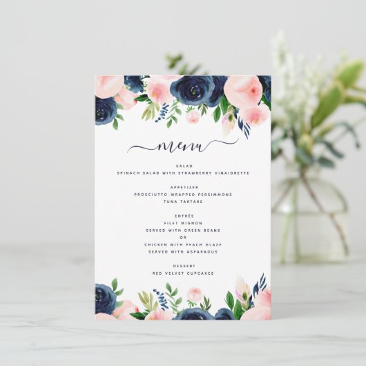 Navy Blue Blush Roze Bloemen Trouwmenu Menu (Staand voorkant)