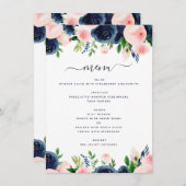 Navy Blue Blush Roze Bloemen Trouwmenu Menu (Voorkant / Achterkant)