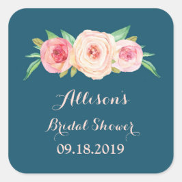 Navy Blue Blush Roze Bloemen Vrijgezellenfeest Fav Vierkante Sticker
