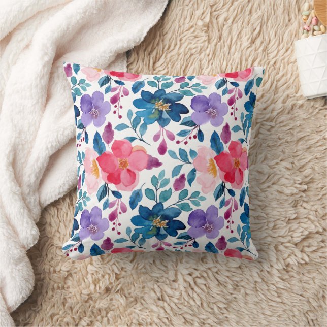 Navy Blue Blush Roze Bloemen Waterverf Patroon Kussen (Deken)